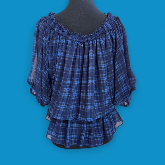 Apple Bottoms Navy Plaid Off-Shoulder Blouse Size L - Picture 2 of 7